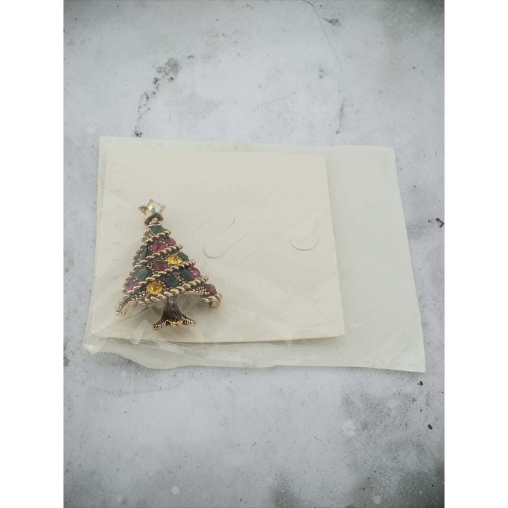 New Christmas Tree Brooch Antiqued Gold Tone Multicolor Rhinestone Holiday Pin